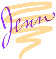 Stylized signature reading "Jenn" in purple script over a soft, abstract beige background. It conveys a personal or artistic branding.