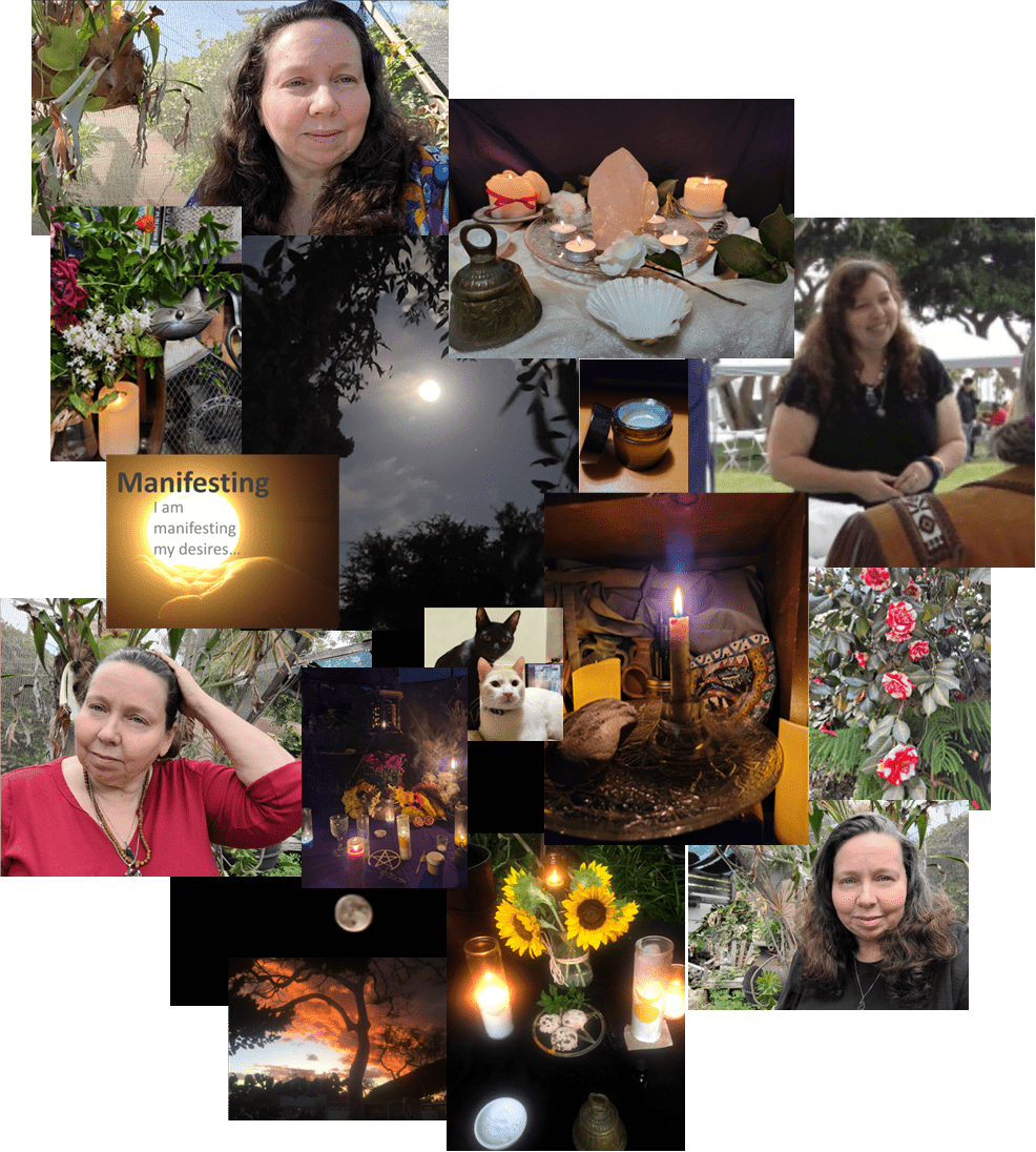 Collage of a woman connecting with nature and spirituality, featuring crystals, candles, flowers, and affirmations about manifesting desires.